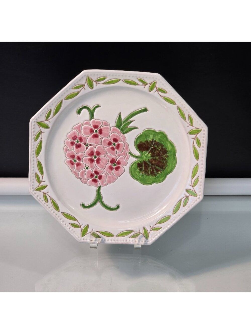 Vintage Italian 1671 Octagonal Lunch Plate 9.75" Pink Pansy Flower Design
